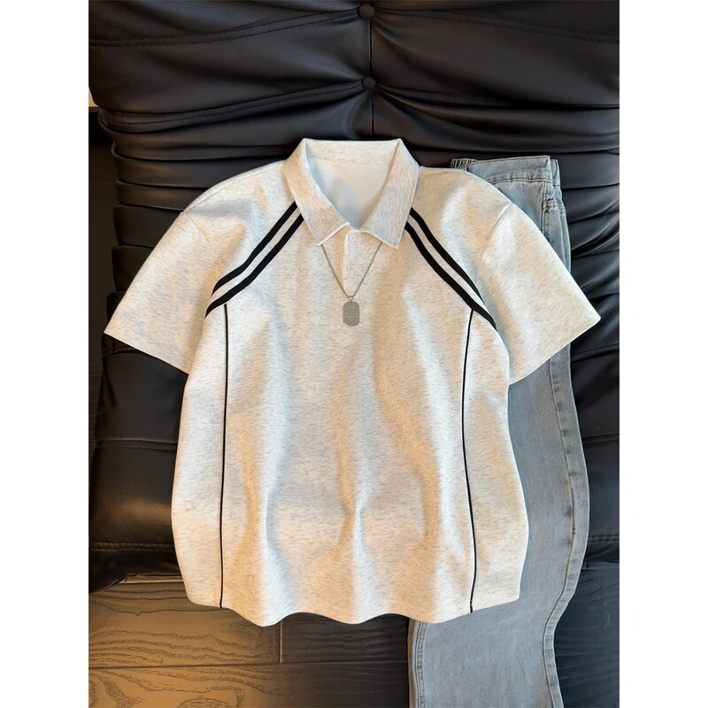 2026 Summer New Men's American Retro Striped Polo Shirt with Heavy-Duty Deconstructed Design Short-Sleeve T-Shirt for Men Trendy