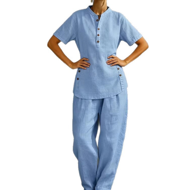 New Women's Linen Two-Piece Set American Style Comfortable Casual Button Up Shirt With Wide Leg Pants_ecoleips.com
