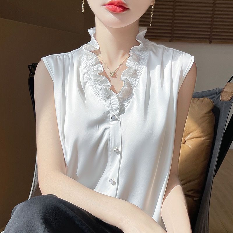 法式V领木耳花边丝滑缎面无袖背心气质内搭女叠穿百搭打底夏季|undefined