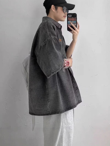 Spring and Autumn Korean Version Trendy Denim Shirt for Men Short Sleeve Loose Hong Kong Style Retro Versatile Casual Collarless Top