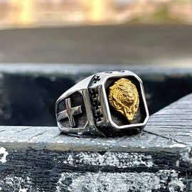 个性潮男饰品批发 钛钢镶黄铜霸气男士十字花浮雕狮像戒指指环