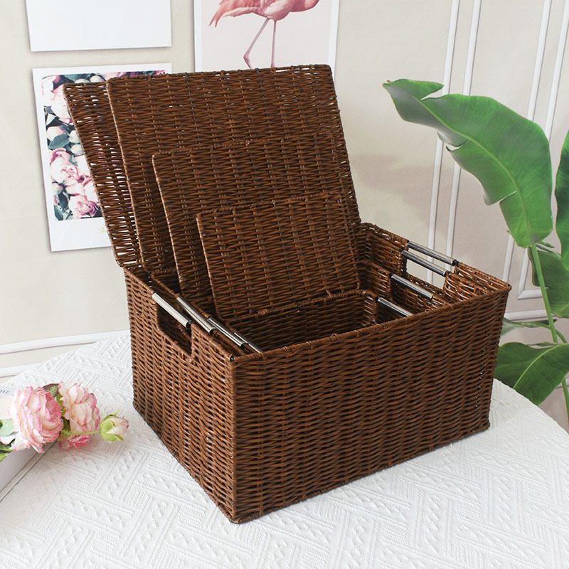 Cesta de almacenamiento con tapa snack caja de almacenamiento de artículos diversos caja de almacenamiento de escritorio caja de almacenamiento de ratán de juguete caja de almacenamiento tejida cesta doméstica