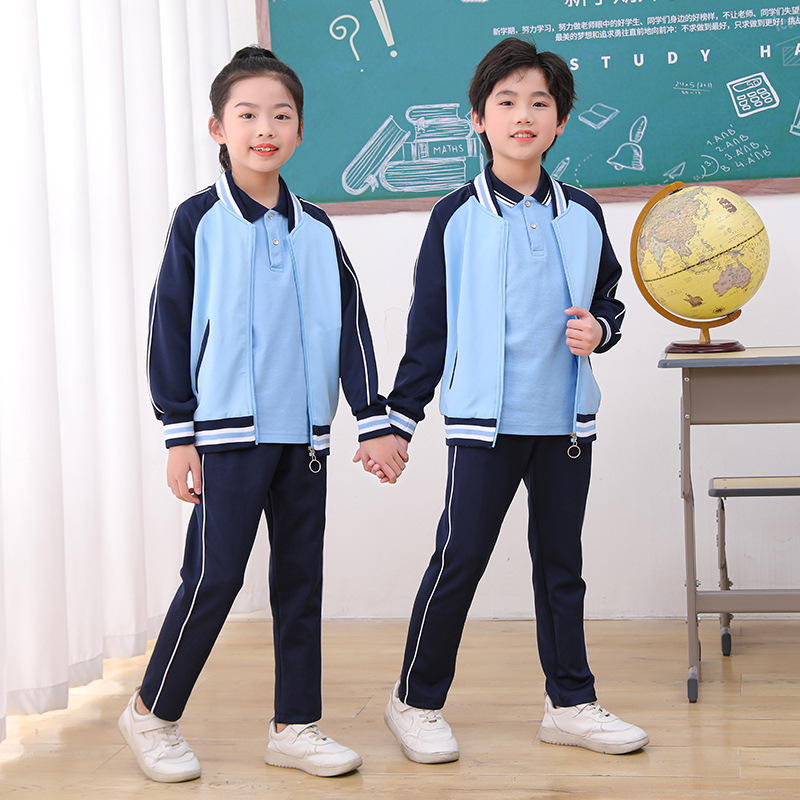 봄과 가을 교복 세트 3 인조 중학교 고등학교 블루 및 화이트 스포츠웨어 어린이 코트 탑