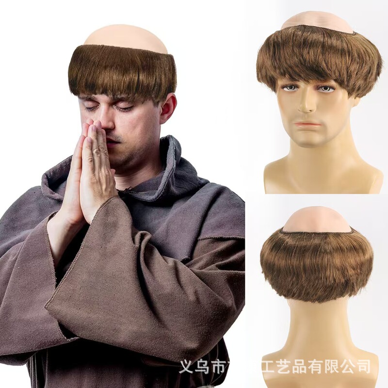 Halloween Bald Wig Jesus Bald Headgear Monk Brown Adult Monk Short Hair Character Costume Cross-Border Halloween Bald Wig Jesus Bald Headgear Monk Brown Adult Monk Short Hair Character Costume Cross-Border