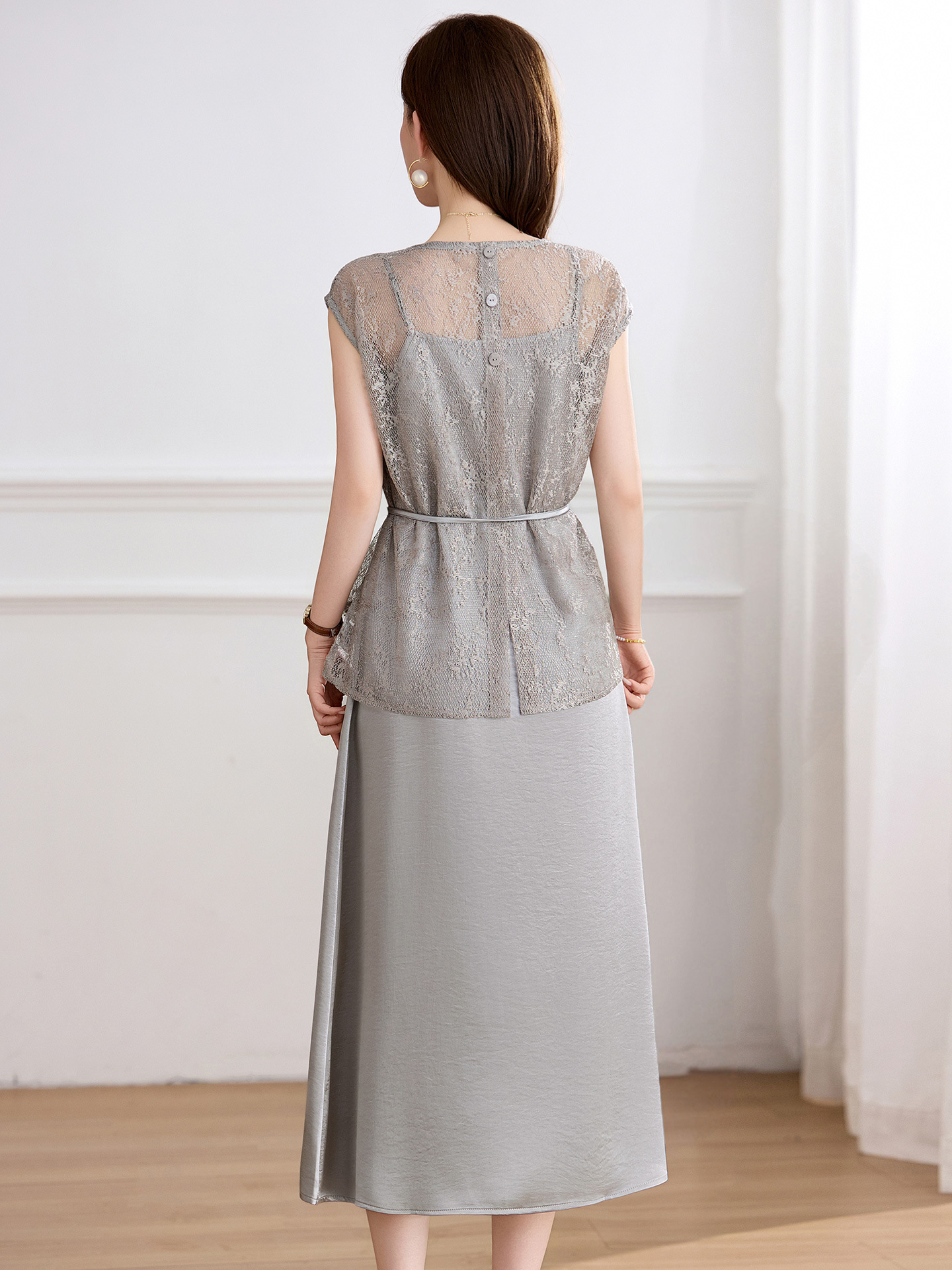 Đầm maxi nữ hai dây thắt eo thanh lịch mùa hè JX2619 — màu xám, màu mơ