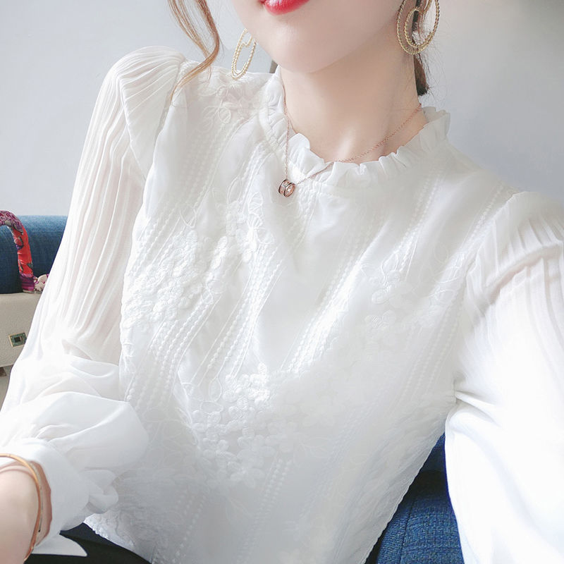 Lace Base Shirt Women's Spring and Autumn White Long-sleeved Top with Ruffled Collar T-shirt Fashionable Stylish High-grade Small Shirt