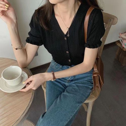 Chic Sexy V-Neck Summer Mesh Hollowed Bust-Baring Ice Silk Short-Sleeve High-Waist Knit Top Women's T-Shirt