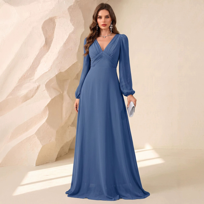 Amazon Cross-Border V-Neck Long-Sleeve Chiffon Dress with Pleated Front, Suitable as a Bridesmaid Dress or Bridal Gown