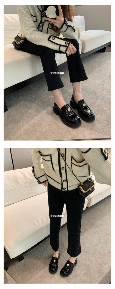 Giày lười nữ đế dày mũi tròn gắn khóa đồng xu nhỏ, giày da đơn gót thô 3–5 cm — Màu đen (lót nhung), Màu đen (trong da) chi tiết 17