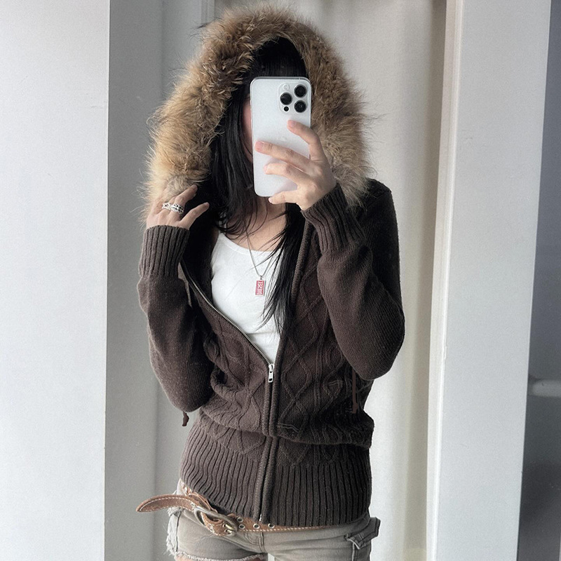 Foreign Trade New Retro Casual Style Fur Collar Hooded Twist Zipper Sweater Women's Simple Elegant Slim Autumn and Winter Jacket