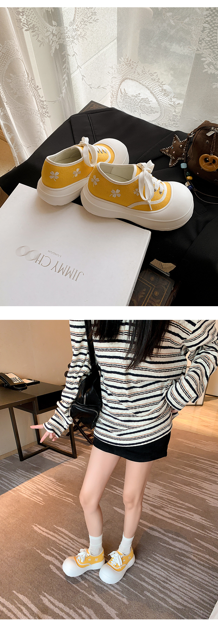 Giày sneaker nữ chunky đế dày thêu hoa mùa xuân 2026 — màu đen, màu vàng, màu đỏ chi tiết 23