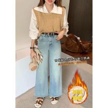 加绒加厚保暖2025年秋冬新款弹力高腰百搭直筒九分阔腿牛仔裤女