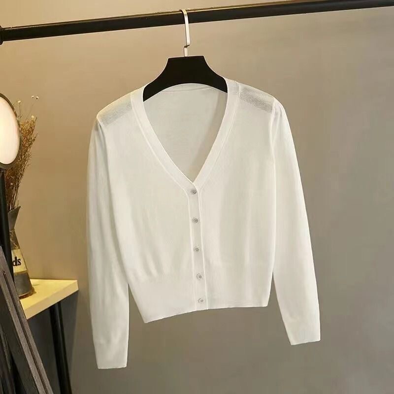 Age-reducing V-neck lace thin sweater slimming Korean solid color temperament small cardigan outer summer sweet top