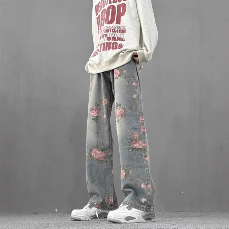 Full Printed Rose Flower Jacquard Jeans Men's American Style Retro High Street Vibe Pants Relaxed Scimitar Pants