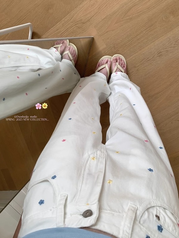 复古花朵刺绣白色牛仔裤女秋新款高腰显瘦百搭减龄阔腿长牛仔裤子|undefined