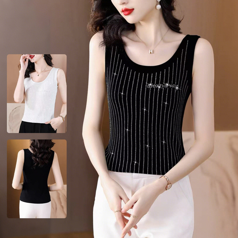 Plus-Size Rhinestone-Embellished Summer Tank Top for Middle-Aged and Elderly Women, Stylish Sleeveless Inner Wear with a Slimming Effect