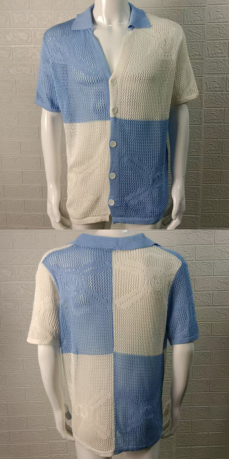 Color Block Hollow Knit Sweater Turn-Down-Kragen Kurzarm-Cardigan Dünn Sommer Muscle Plus Size Herrenbekleidung_voghion.com