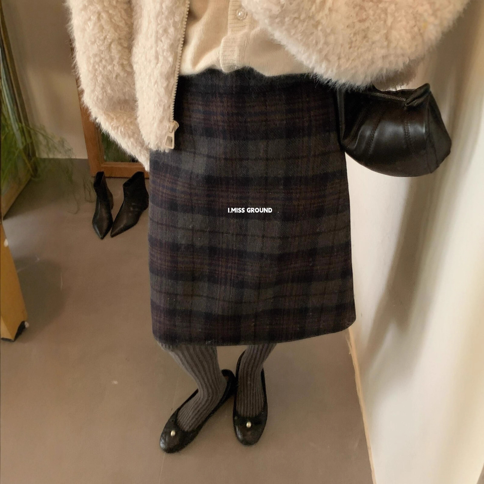 IMISS 秋冬韩系简约风复古格纹羊毛呢百搭直筒A字半身裙女H60913