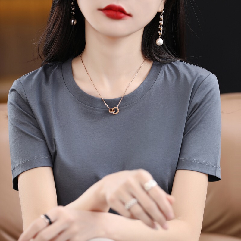 Upgraded 80 mercerized cotton short-sleeved women's summer women's round V-neck loose basic cotton T-shirt versatile top T-shirt