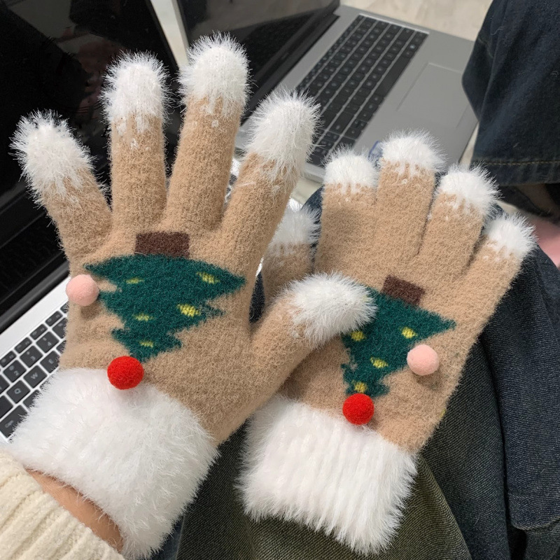 雪のクリスマスツリーの手袋の女性の冬の指はタッチパネルとベルベットを厚くすることができます。|undefined