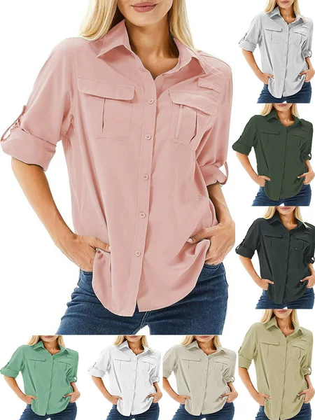 Cross-Border European and American New Style 2025 Amazon Outdoor Quick-Drying Anti-Scratch Women's Button-Down Long-Sleeved Shirt Loose Women's Clothing