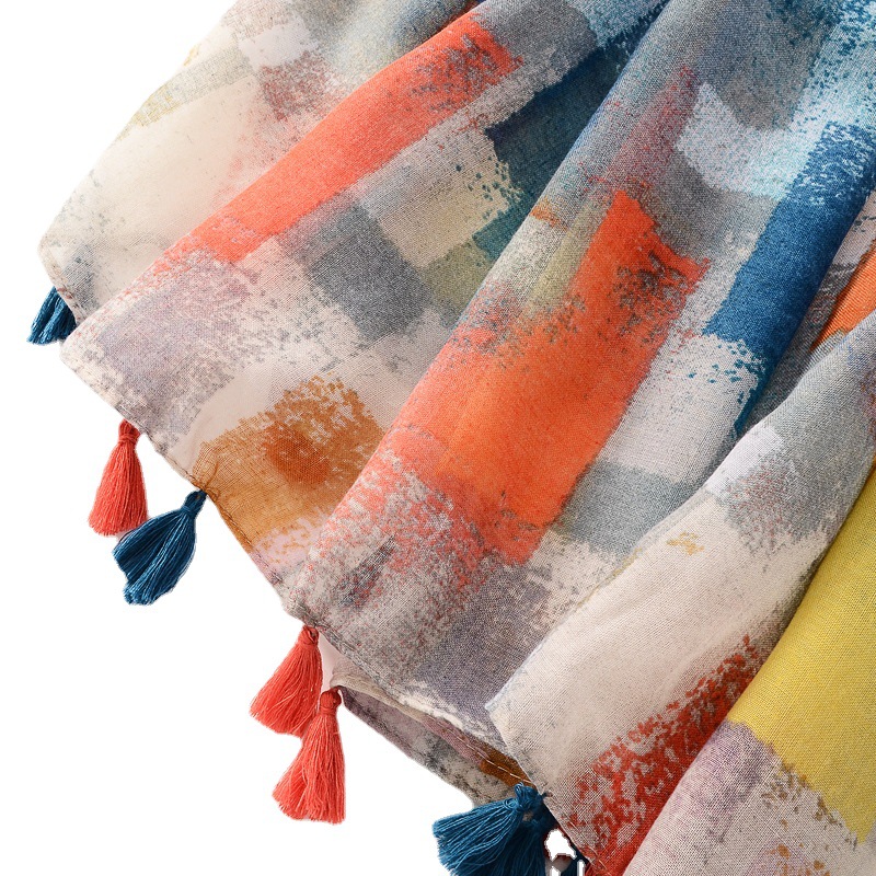 Nuevo color creativo contraste color mosaico impresión viaje decorativo chal protector solar Toalla de playa algodón y lino sensación bufanda seda