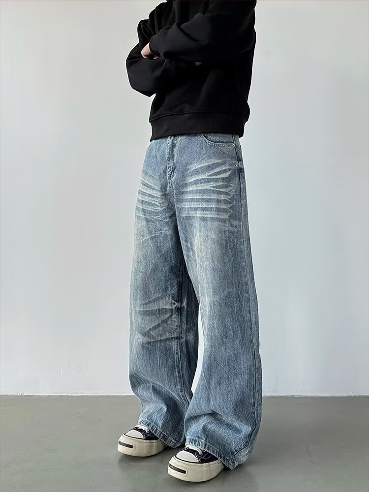Wide Leg Denim Jeans With Lightning Bolt Pattern For Men And Women_voghion.com