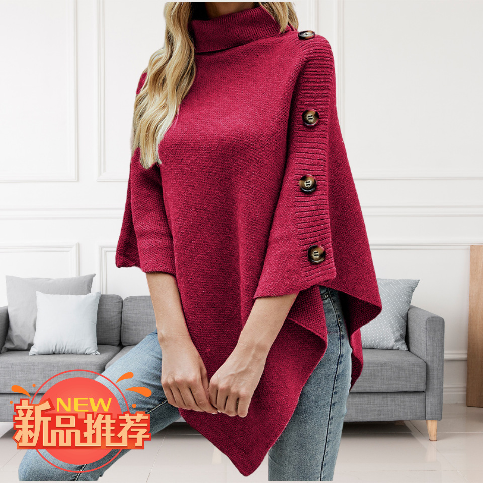 Directo de fábrica europeo y americano transfronterizo otoño e invierno nuevo color sólido cuello alto chal cabo Split suéter abrigo para las mujeres