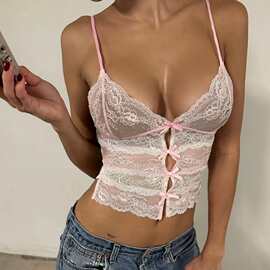 ia*m*g*ia欧美辣妹淡粉色蕾丝边吊带外穿巨辣拼接一片式后背绑带