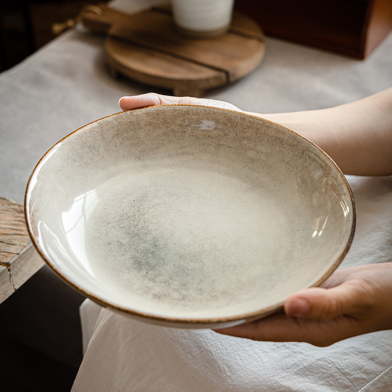 Hacer viejos tazones de cerámica poco profundos estilo japonés retró abierto tazón redondo casero tazón de pasta tazón de postre tazón de ensalada