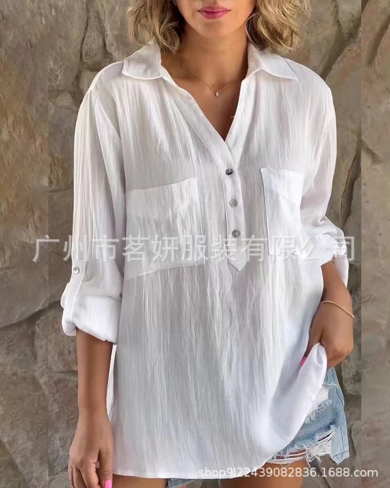 2023新款春秋亚ma逊 ebay欧美 纯色休闲宽松长袖衬衫  大量现货