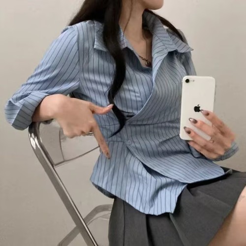 Korean style design niche irregular waist-hugging and fashionable striped shirt long-sleeved top