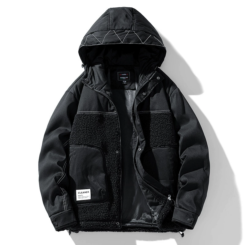 Velvet three dimensional black winter jacket with hood, for teenagers