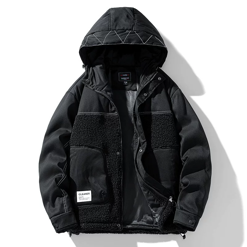 Velvet three dimensional black winter jacket with hood, for teenagers
