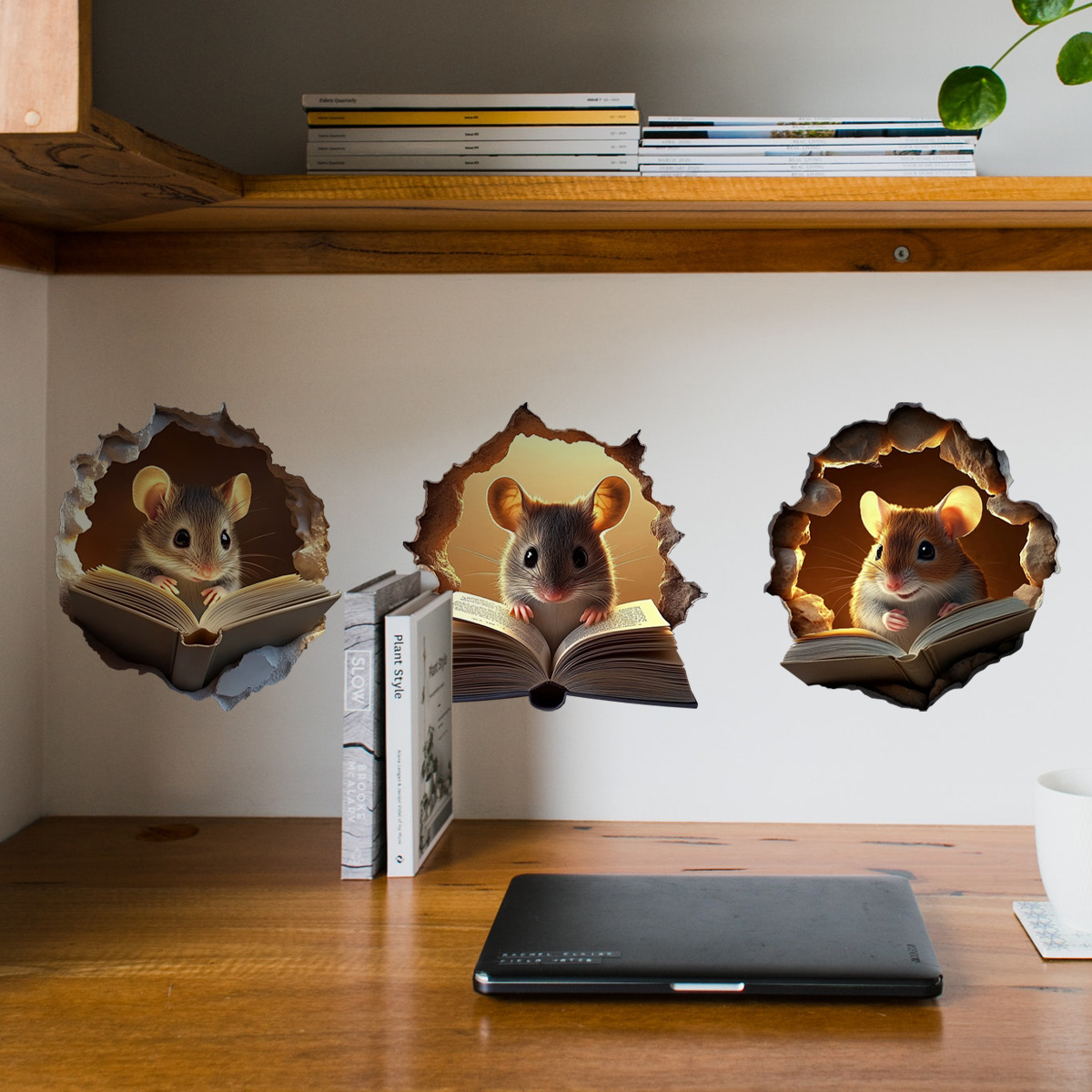 Väggdekal med tecknad 3d-mus i hål för vardagsrum och sovrum_voghion.com