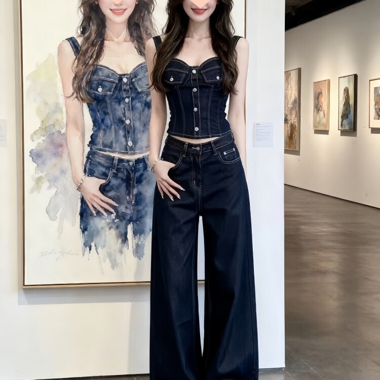 Summer Outfit for Petite Women: a Stylish Denim Camisole Top and Wide-Leg Pants Two-Piece Set for Women Summer Outfit for Petite Women: a Stylish Denim Camisole Top and Wide-Leg Pants Two-Piece Set for Women