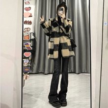 复古格子毛呢小香风外套女春夏新款宽松显瘦气质西装中长款大衣潮