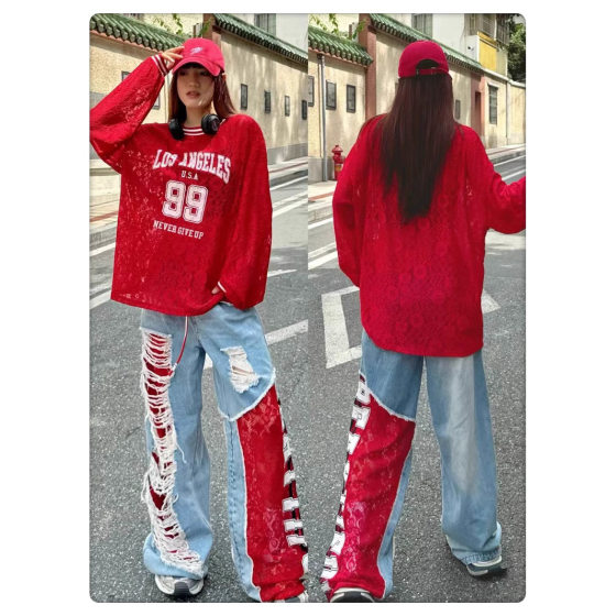 European Designer Jeans for Women 2025 Summer New Heavy-Duty Frayed Lace Letter Print Loose Pants