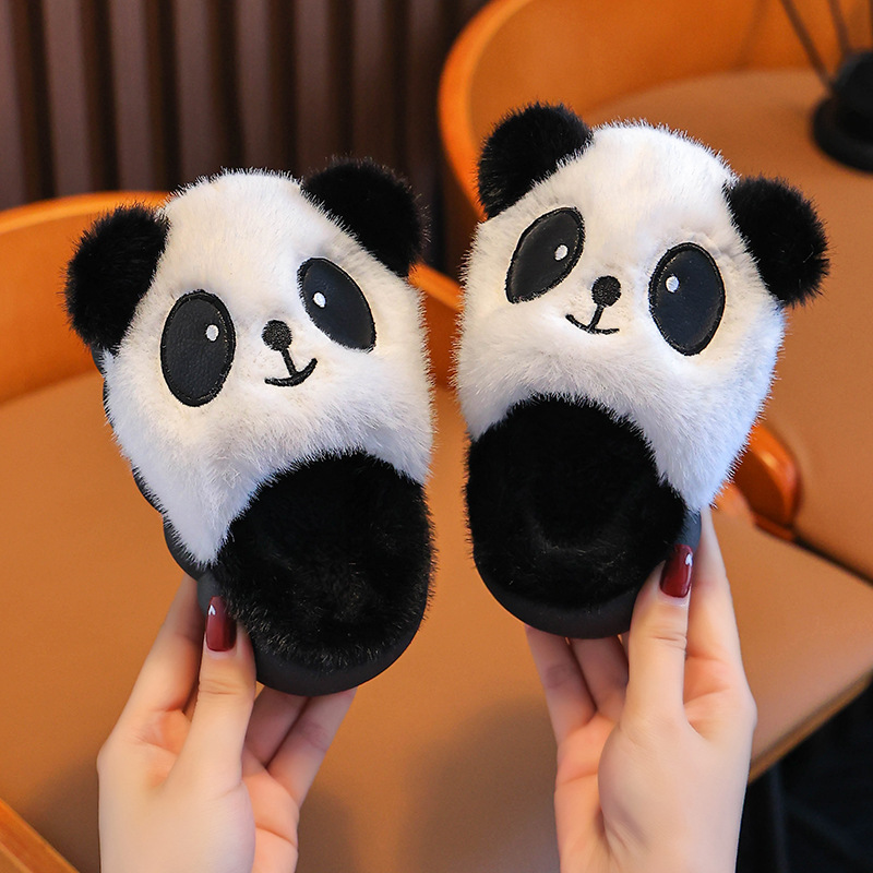 Zapatillas de algodón de invierno para niñas calentadas y peludas lindas para niños en casa, paternidad antideslizante para niños pequeños y medianos, panda de algodón
