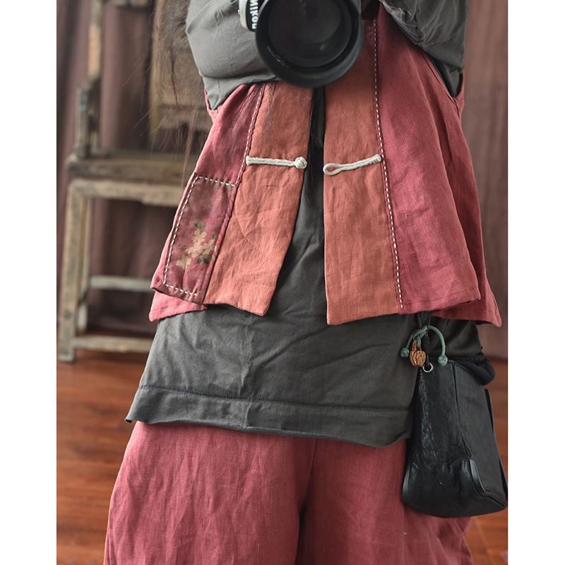 Qiuzi/homemade linen patchwork women's waistcoat traditional hand-stitched clasp cardigan vintage sleeveless waistcoat