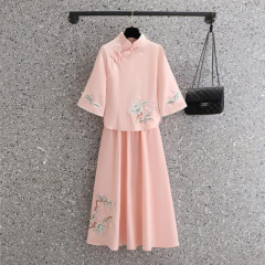 中国風の夏のレトロな小さな刺繍入り漢服ツーピース大人のチャイナドレススリム七分袖新しい中国風のスカート
