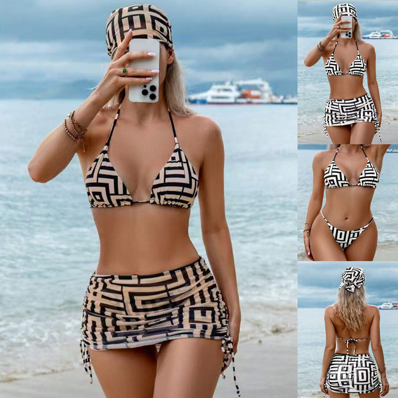 2025 New European and American Foreign Trade Printed Bikini Four-piece Split Swimsuit Women's Sexy Lace-up Bikini Swimsuit