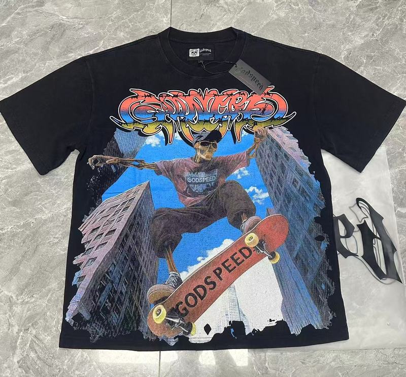 クロスボーダー 25ss アメリカのトレンディなブランド Godsed ロックバンドバスケットボール高品質ウォッシュブラック半袖 T シャツ男性と女性用|undefined