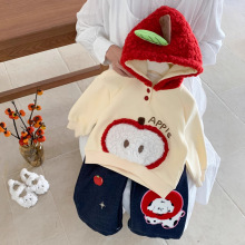 女童套装25冬新款儿童洋气加绒毛毛连帽卫衣女宝加厚冬装保暖上衣