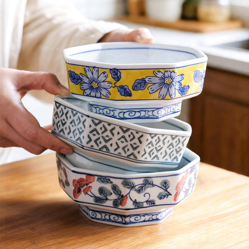 Chinese-Style Retro Noodle Bowl with Hand-Painted Underglaze Color, Octagonal Bowl, Ramen Bowl, Soup Bowl, Large Household Rice Bowl, Cold Dish and Noodle Mixing Bowl Chinese-Style Retro Noodle Bowl with Hand-Painted Underglaze Color, Octagonal Bowl, Ramen Bowl, Soup Bowl, Large Household Rice Bowl, Cold Dish and Noodle Mixing Bowl