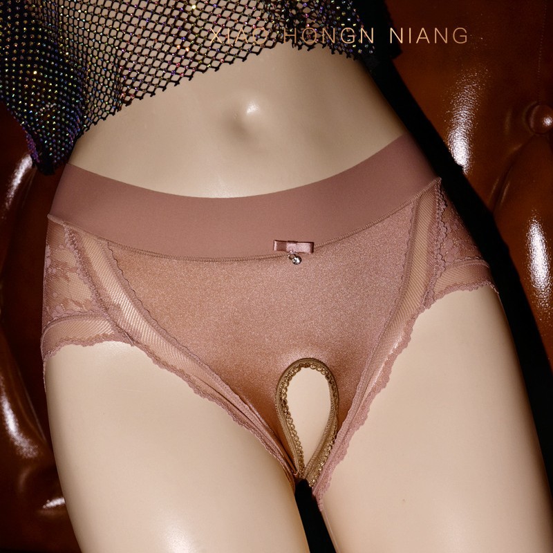 丝滑缎面性感女内裤三角库蕾丝诱惑透视网纱大码免脱可插入开裆裤