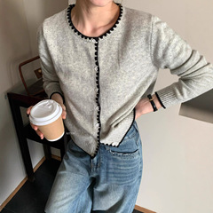 KITTIN 秋季韩系小香风撞色边百搭修身显瘦圆领长袖针织开衫G1789