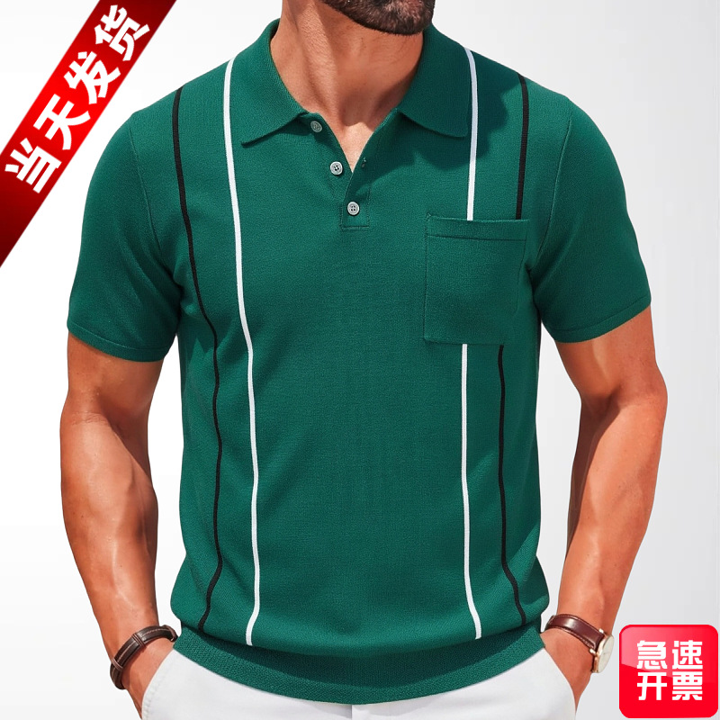 Men's commuter knit polo shirt, color-blocked striped patch pocket pullover knit sweater, trendy men's clothing, source of goods, in stock SY0183