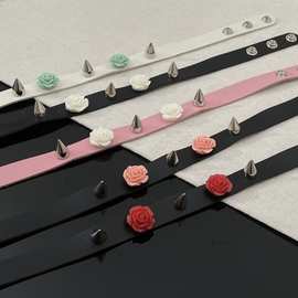 韩国小众设计玫瑰花铆钉黑色真皮choker项圈女甜酷气质锁骨链颈链