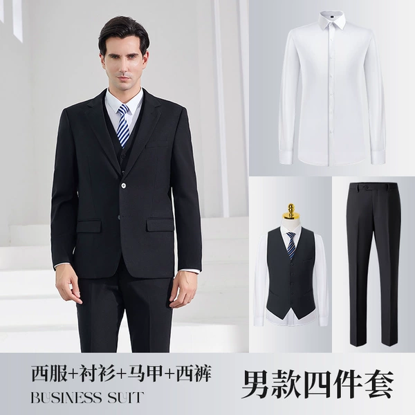 Black jacket, trousers, shirt, vest